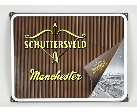 Old enamel advertising sign of Schuttersveld/Manchester, Van Heek Brothers. Circa 1960. Langcat Bussum. 20th century. Dimensi