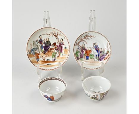 Two 18th century Chinese porcelain Familie Rose cups and saucers with mandarin decor. One cup of good. One cup of chip + hair