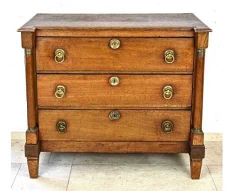 Antique Dutch oak empire chest of drawers with original ring fittings and full columns. Circa 1820. Dimensions: 91 x 101 x 50