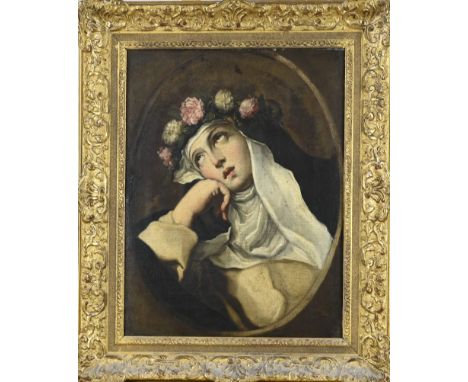 Portrait Santa Rosa de Lima. 19th century. Religious portrait. Oil on linen. Some older restorations. Dimensions: H 65 x W 50