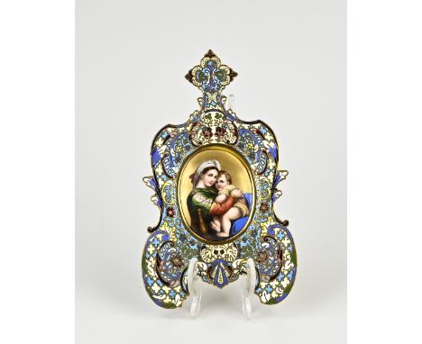 19th century enamel photo frame with porcelain medallion. Hand painted. Mother with child. Dimensions: 23 x 14 x 2 cm. In goo