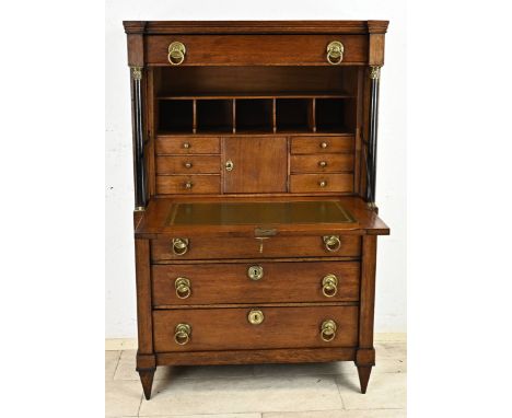 Antique Dutch Empire secretary made of oak. With full black columns, brass capitelles and original ring fittings. Dimensions: