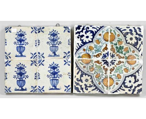 Two antique Dutch 17th century 4-pass tile panels. floral. Some damage. Dimensions: 27 x 27 cm. In fair/good condition.
