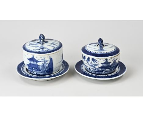 Two 18th century Chinese porcelain rice bowls with lids and saucers. Landscape/pagoda decor. One lid restoration. One lid hai