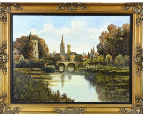 M. van Eys. Circa 1900. Belgian School. Belgian city. Oil on linen. Dimensions: H 55 x W 75 cm. In good condition.