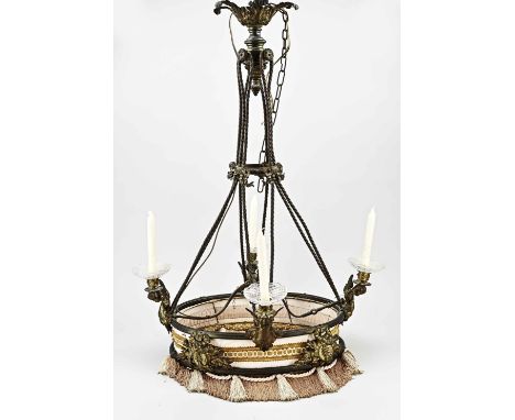 Large antique brass plated hanging lamp with putti and garlands. Circa 1900. Partly for candles + 1 light electric. Dimension