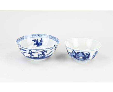 Two 18th - 19th century Chinese porcelain bowls. One bowl with all around figures decor + four characters bottom mark, hairli