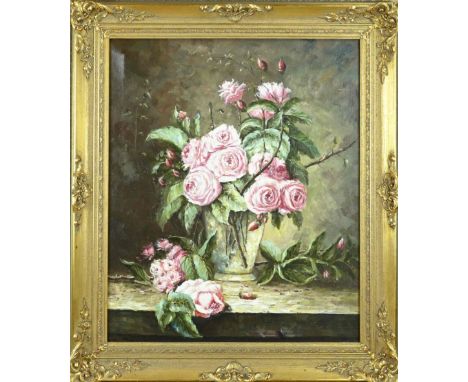 M. Hekkink. 20th century. Vase with pink roses. Oil on linen. Dimensions: H 60 x W 50 cm. In good condition.