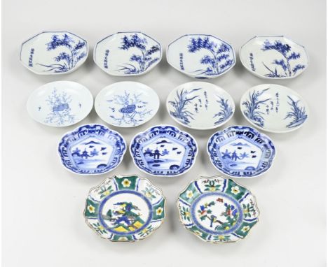Thirteen antique Japanese dishes. Various. Including Kakiemon style, damaged. bottom marks. Five dishes, cool. Eight saucers,