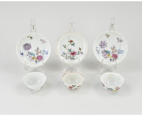 Three antique Chinese porcelain Family Rose cups and saucers. Floral decor. 18th century. One cup glued. One cup of chips. On