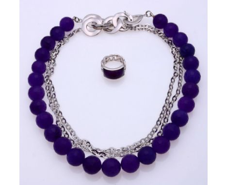 Necklace and ring of amethyst with silver, 925/000, marked Oubaha. Necklace of round faceted beads and a double anchor neckla