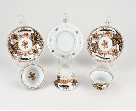 Three 18th century Chinese porcelain Imari cups and saucers with floral/landscape/gold decor. Some minimal chip. Dimensions: 