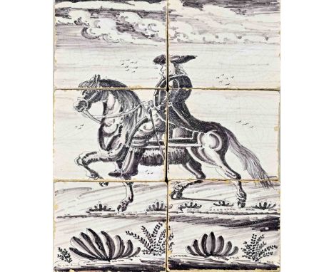 18th - 19th century manganese tile tableau, depicting a rider on horseback. Minimal damage. Dimensions: H 39 x W 26 cm. In go