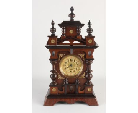 Antique German walnut Gründerzeit table clock with alarm function + music box. Circa 1900. Dimensions: H 45 cm. In good condi