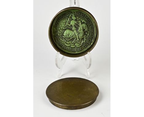 Antique green wax stamp in copper lidded box. Probably 17th century. Latin script + knight on horseback. Dimensions: Ø 10 cm.