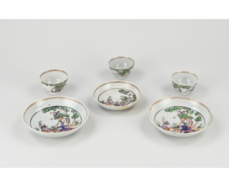 Three rare 18th century Chinese porcelain cups and saucers with European/harvest fruit tree decor. Two saucers good, one sauc