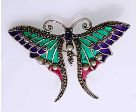 Silver brooch pendant, 925/000, with enamel, pearl, sapphire and marquesite. Pendant/brooch in the shape of a butterfly with 