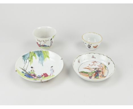 Two 18th - 19th century Chinese porcelain cups and saucers. 1x Familie Verte eggshell, figures in garden/rabbit decor, 18th -