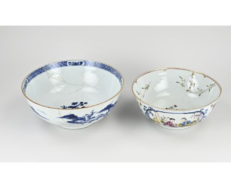 Two very large 18th century Chinese porcelain bowls. damaged. 1x Family Rose with floral/figures in landscape decor, enamel p