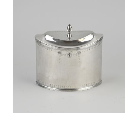 Beautiful antique silver tea caddy, Empire, boat-shaped model with fillet edges and engraving. MT.: unclear, The Hague jl.:a: