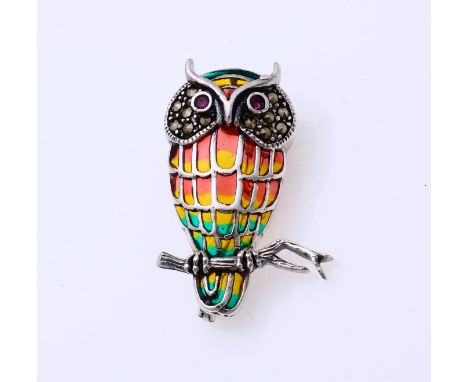 Silver brooch/pendant, 925/000, in the shape of an owl on a branch, decorated with window enamel, ruby and marquise stones. 3