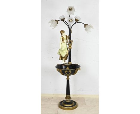 Large composition metal polychrome standing six-light floor lamp with gilding, woman figure and flower box. 20th century. Dim