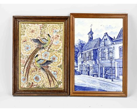 Two Dutch 6-pass tile pictures. Delftshaven + birds of paradise. Dimensions: 45 x 30 cm / 40 x 26 cm. In good condition.