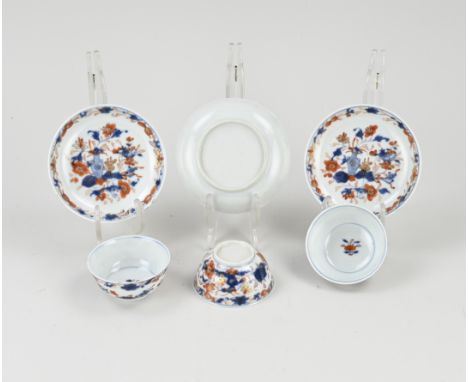 Three 18th century Chinese Imari porcelain cups + saucers. Floral/gold decor. One cup of hairline + chips. Two cups of good. 