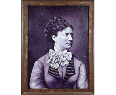 Large 19th century porcelain tile framed with a lady's portrait. Signed E. Eveldt 1879. Verso Ester d'Amfrevrille + family co