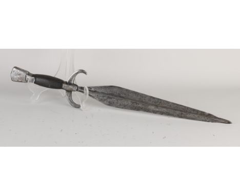 Large antique dagger in Romanesque style. Marked with A + cross and annotation 1471. Wrought iron. 19th Century or older? Dim