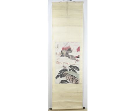 Ancient Chinese scroll painting. woodcut? Rocky mountains decor with text + signature. Woodcut on paper. Moisture stains. Dim