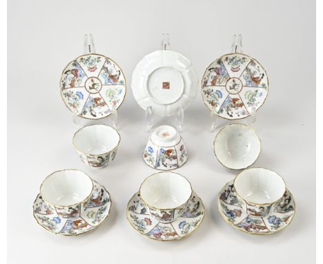 Six rare 18th-19th century Chinese porcelain family Rose cups and saucers with decors of wings, geishas, flowers. Enamel deco