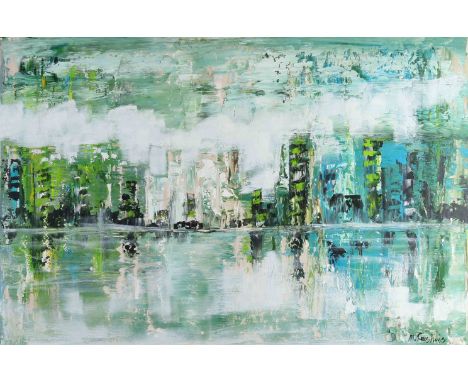 Corry Leushuis. Hengelo. Modern cityscape. Oil on linen. Dimensions: H 80 x W 120 cm. In good condition.
