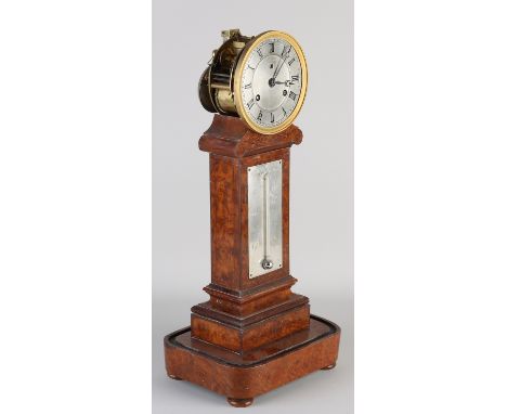 Antique French burr walnut mantel clock with date display and thermometer. Circa 1850. Eight-day movement, half-hourly strike