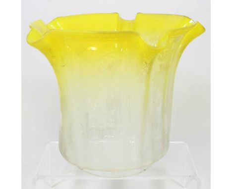 A yellow etched glass oil lamp shade, 18cm highDirty. Some wear to the borders and edges. The aperture has some small flat ch