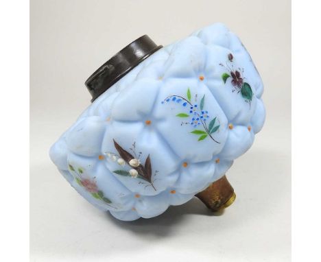 A blue quilted and satin glass oil lamp font, painted with flowers, 16cm dia