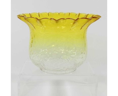 A yellow oil lamp shade, 16cm highDirty, but otherwise appears to be intact. Looks to be early 20th century.