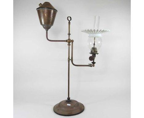 A 19th century brass student's lamp, with a frilled opaque glass shade, 72cm highOverall dirty and tarnished. Height adjusts 