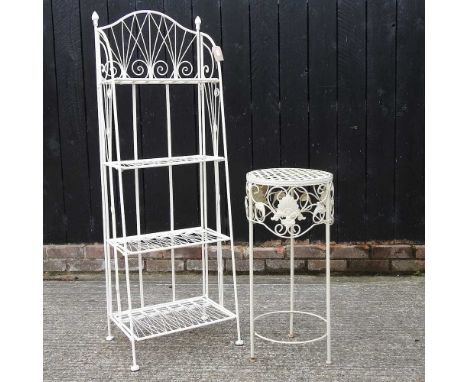 A cream painted metal shelf, together with a circular table (2)45w x 35d x 136h cm