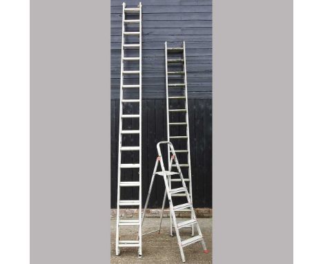 An extending aluminium ladder, 890cm long, together with another smaller and a step ladder (3)
