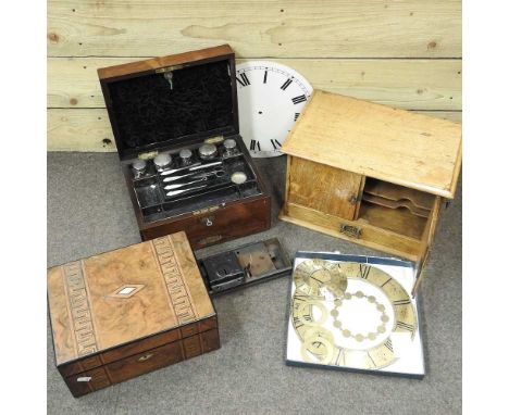 A Victorian rosewood dressing case, together with another, an oak stationery box, 38cm, clock parts and lock