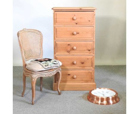 A modern pine chest of drawers, together with a 19th century French side chair and a modern wall clock (3)61w x 45d x 116h cm