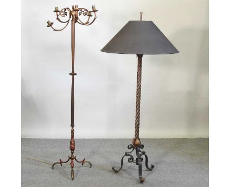 A brass five branch standard lamp, 160cm high, together with another (2)