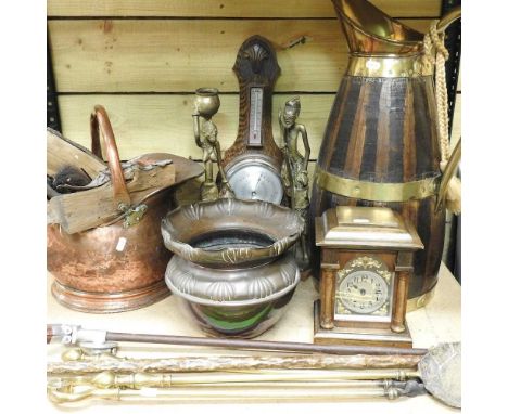 A Victorian copper coal scuttle, together with a coopered wooden jug, 59cm high, fire tools, a mantel clock and other items