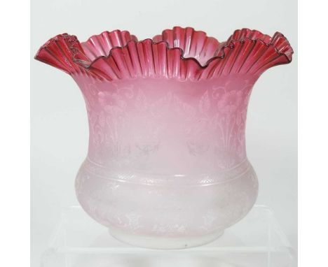 A pink etched glass oil lamp shade, 17cm highVery dirty, but from what we can see it appears to be intact. To fit a four inch