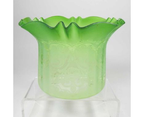 A green glass oil lamp shade, with a frilled edge, 15cm highDirty with some minor marks around the edges and corners. No visi