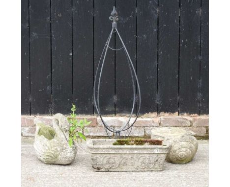 A black painted metal plant stand, 101cm high, together with three planters (4)