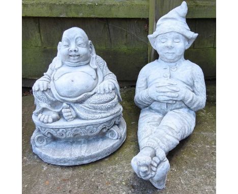 A cast stone statue of a seated Buddha, 34cm high, together with a figure of an elf (2)