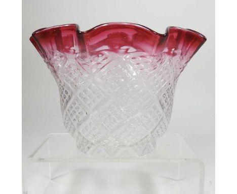 A pink and clear glass oil lamp shade, 14cm high