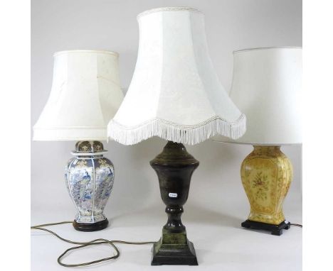 A bronzed table lamp, with a cream shade, 74cm high overall, together with two others (3)